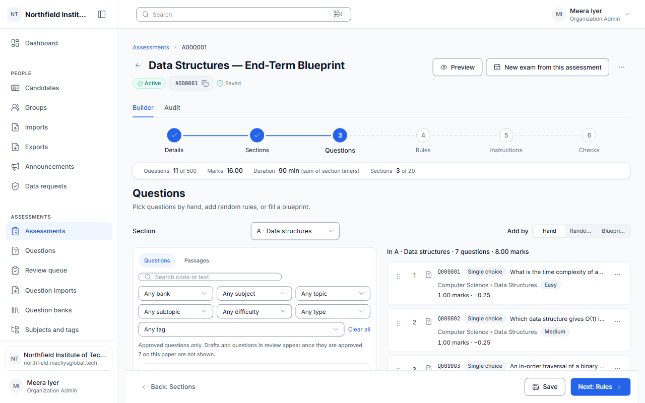 The assessment builder with three sections.