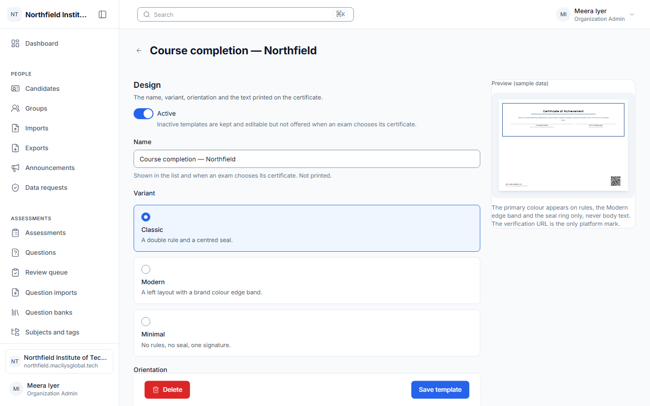 A certificate template preview.