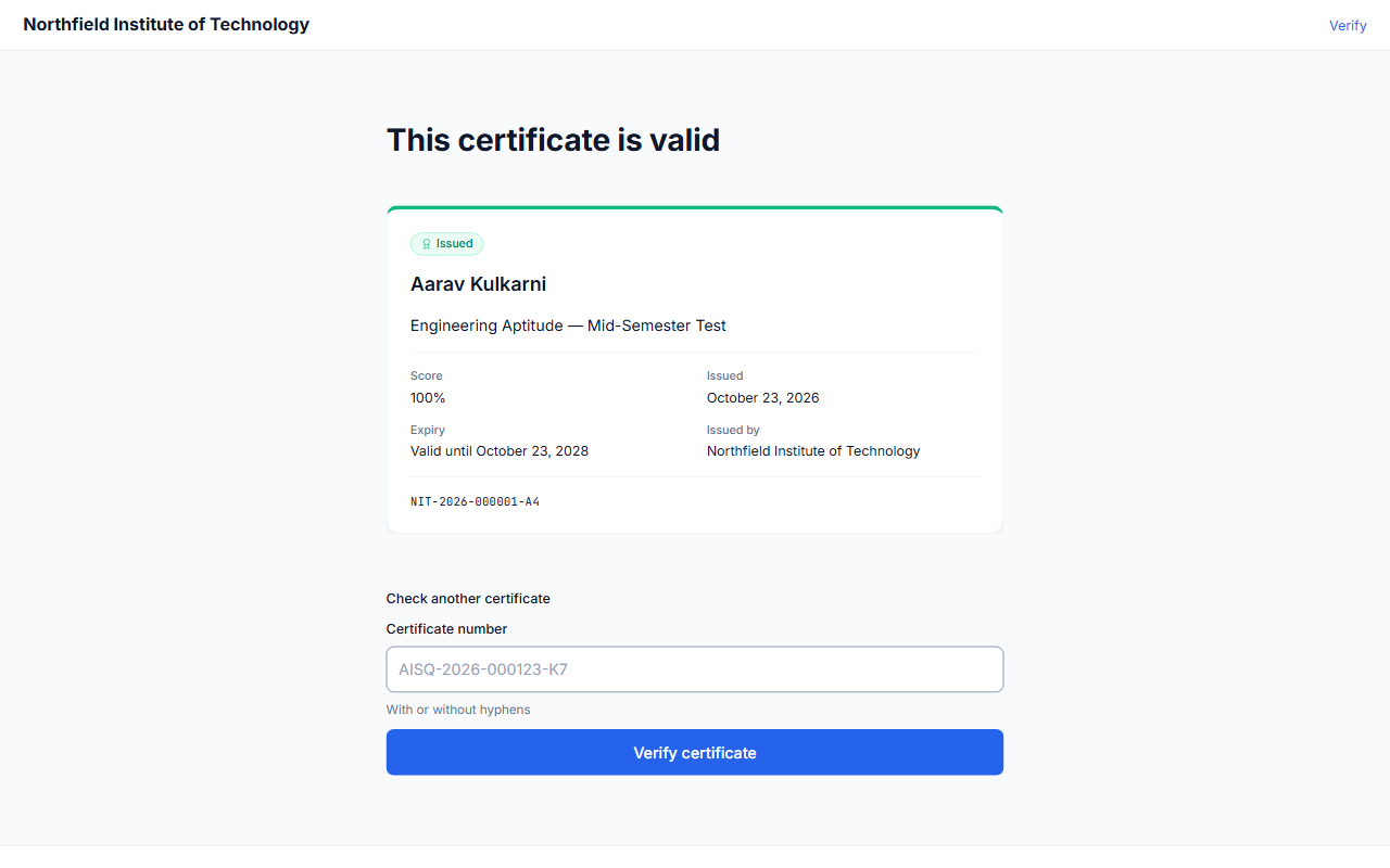 The public verification page showing a valid certificate.