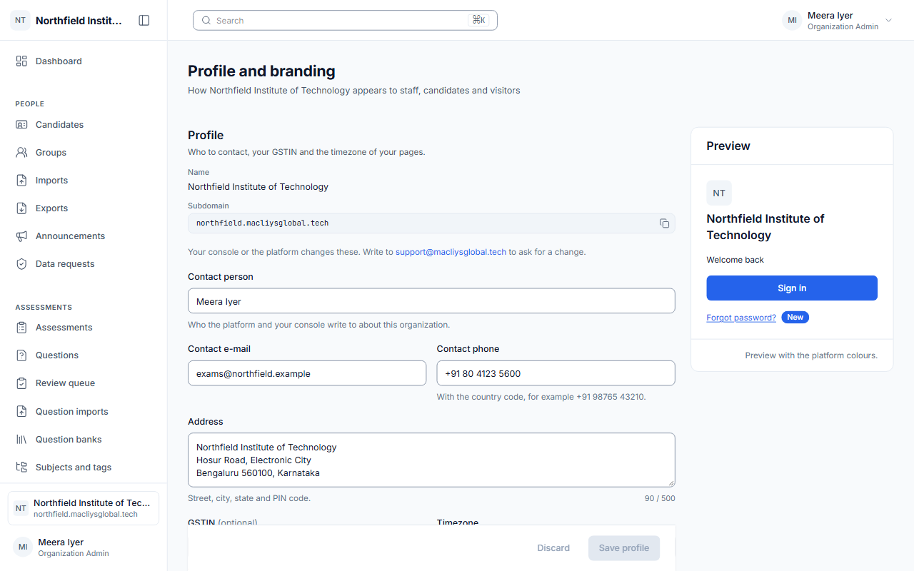 The organisation's branding settings.