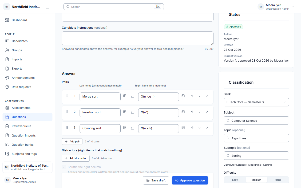 The question editor with a multiple-choice question and its options.