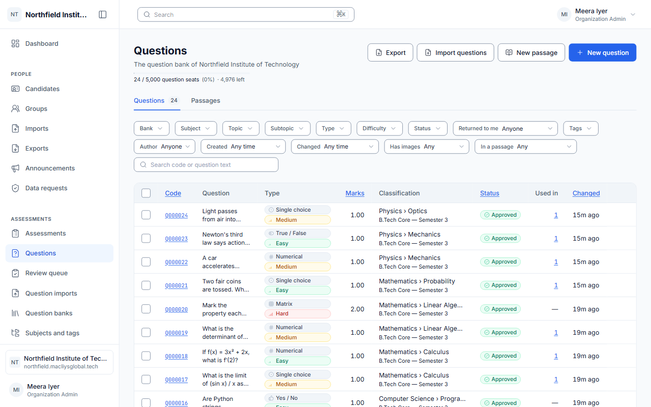 The question list filtered by subject and difficulty.