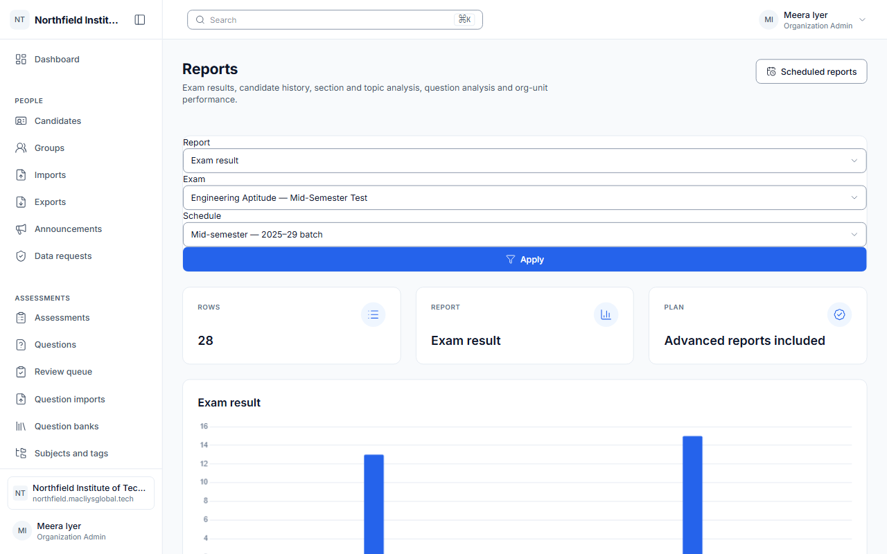 The reports page with export options.